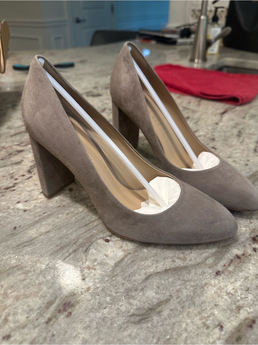 M. Gemi Taupe Suede Pointed-Toe‎ Block Heel Pumps. Originally $300